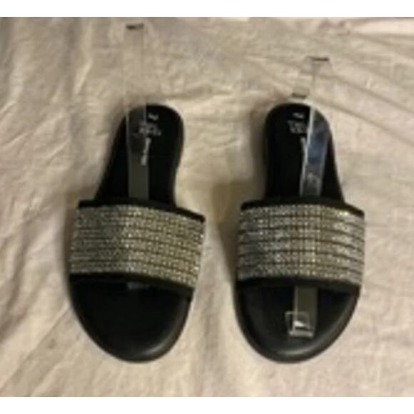 Rhinestone Slide Sandals Black Sparkle Open Toe Slip-On Flats Women’s 7 - Picture 2 of 7